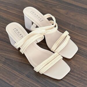 Journee Collection Cream Braided Strap Block Heels